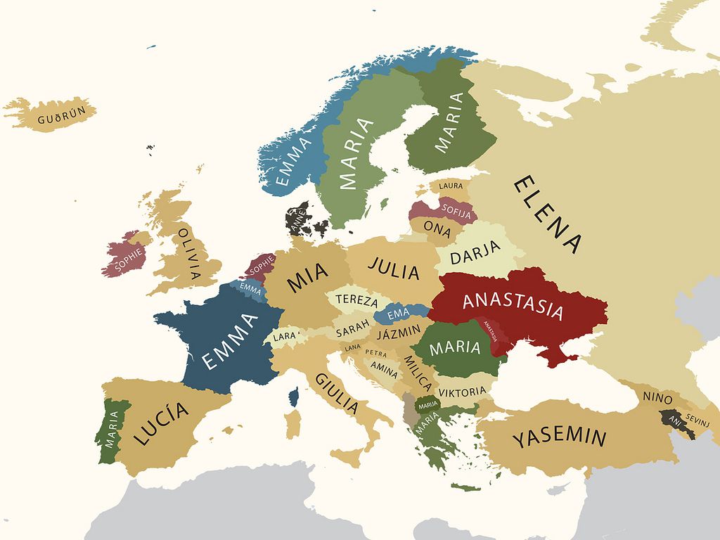 Map of Europe with Most Popular Given Female Names per Country
