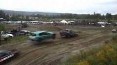 Rally race car jumps over another car